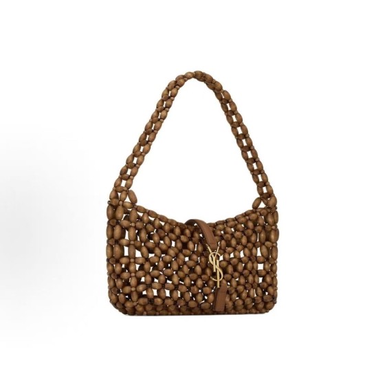 SAINT LAURENT YSL LE5A7 beaded handbag for women, light wood color with brick red